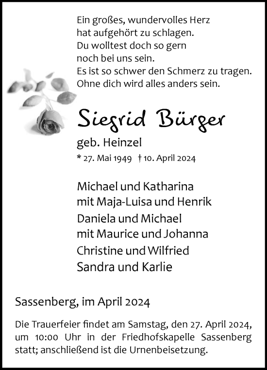 Traueranzeige von Siegrid Bürger von DIE GLOCKE