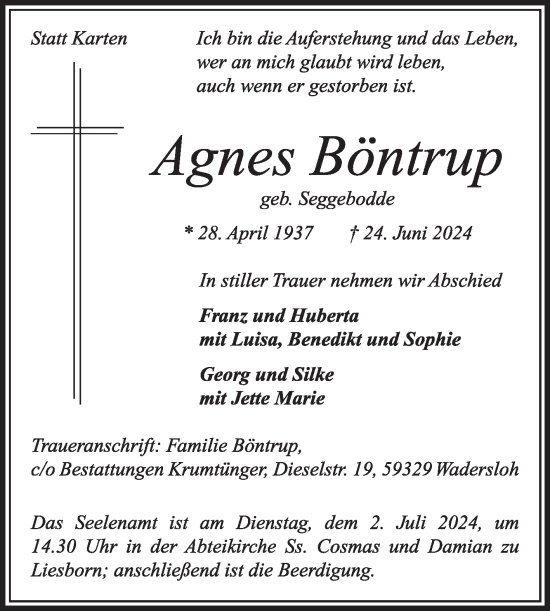 Traueranzeige von Agnes Böntrup von Die Glocke