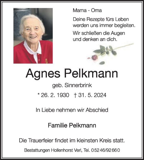 Traueranzeige von Agnes Pelkmann von Die Glocke