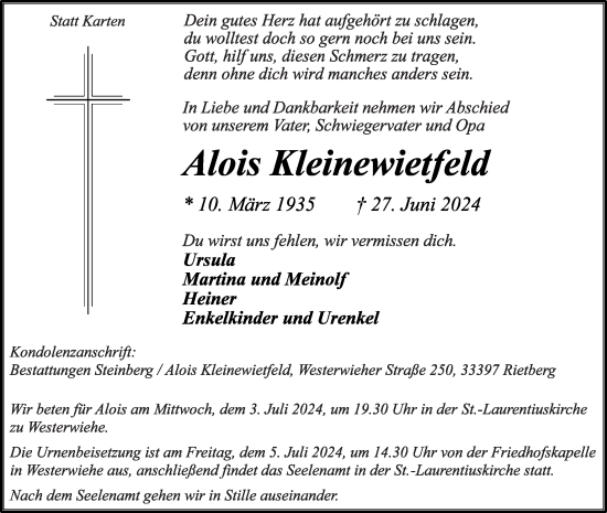 Traueranzeige von Alois Kleinewietfeld von Die Glocke