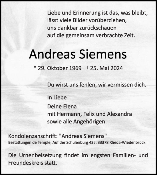 Traueranzeige von Andreas Siemens von Die Glocke