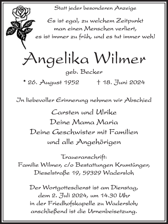 Traueranzeige von Angelika Wilmer von Die Glocke