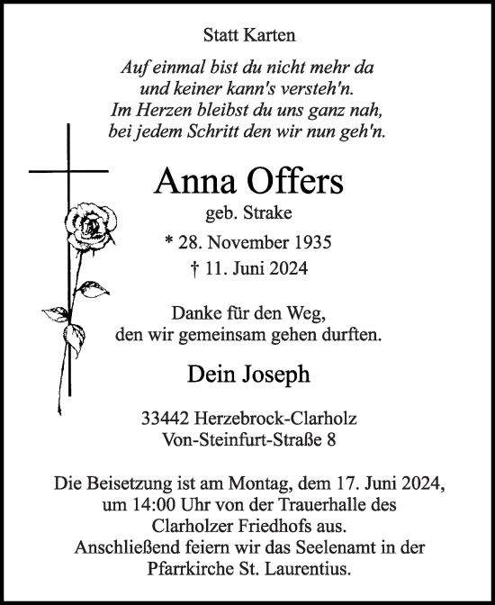 Traueranzeige von Anna Offers von Die Glocke