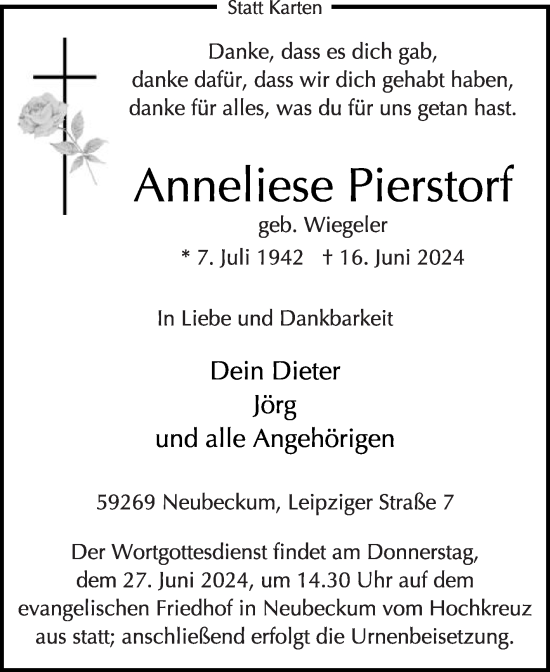 Traueranzeige von Anneliese Pierstorf von Die Glocke