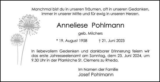 Traueranzeige von Anneliese Pohlmann von Die Glocke