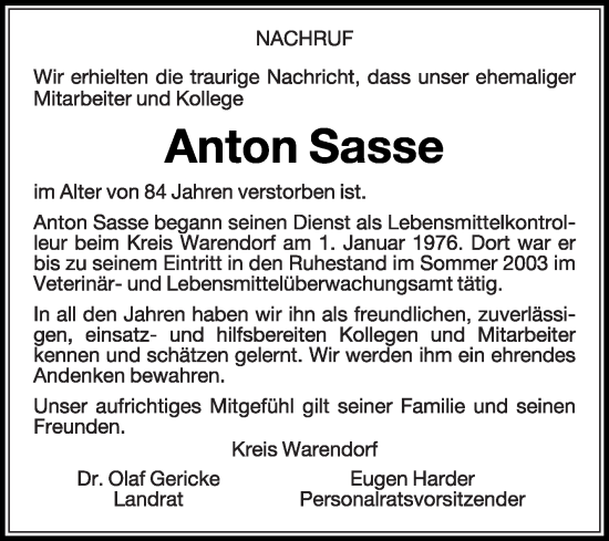Traueranzeige von Anton Sasse von Die Glocke