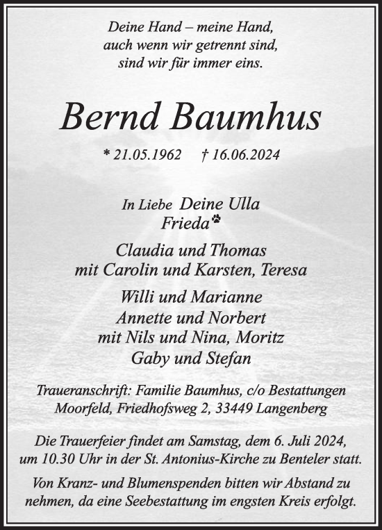 Traueranzeige von Bernd Baumhus von Die Glocke