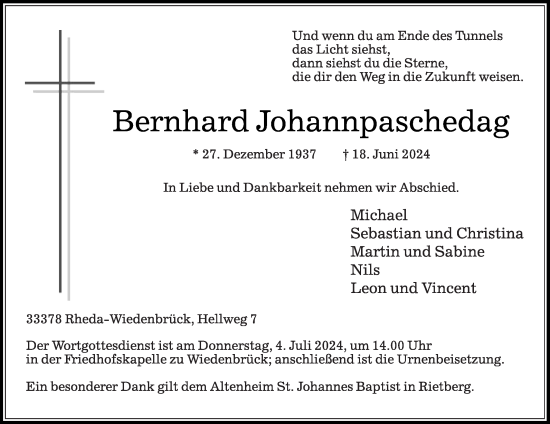 Traueranzeige von Bernhard Johannpaschedag von Die Glocke