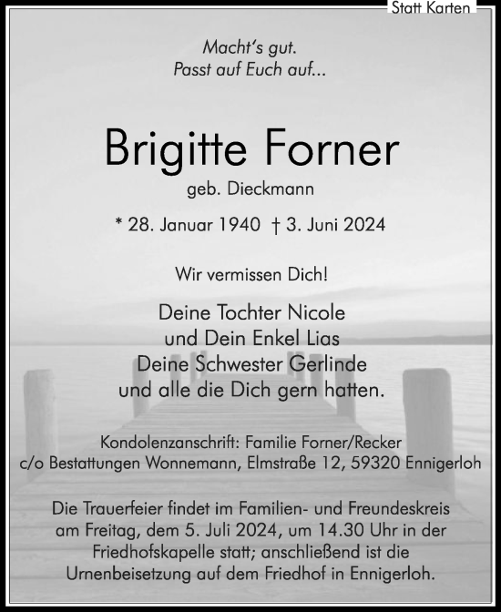 Traueranzeige von Brigitte Forner von Die Glocke