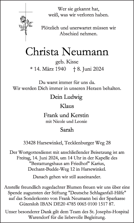 Traueranzeige von Christa Neumann von Die Glocke