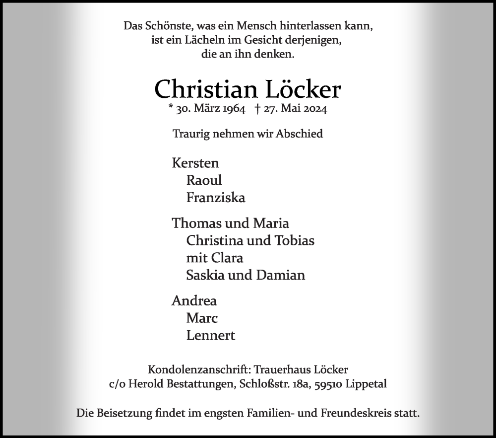  Traueranzeige für Christian Löcker vom 05.06.2024 aus Die Glocke