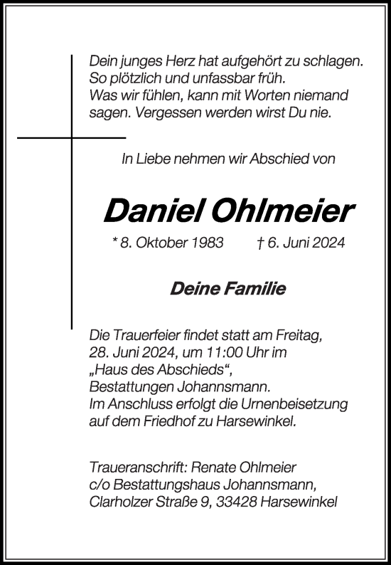 Traueranzeige von Daniel Ohlmeier von Die Glocke