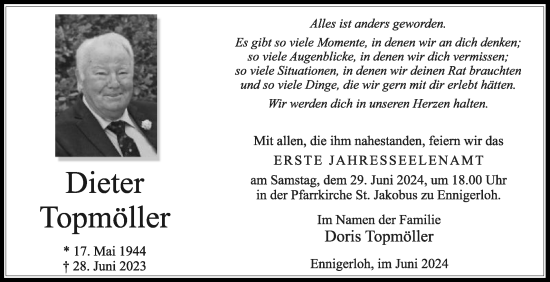 Traueranzeige von Dieter Topmöller von Die Glocke