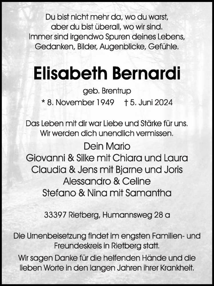  Traueranzeige für Elisabeth Bernardi vom 11.06.2024 aus Die Glocke