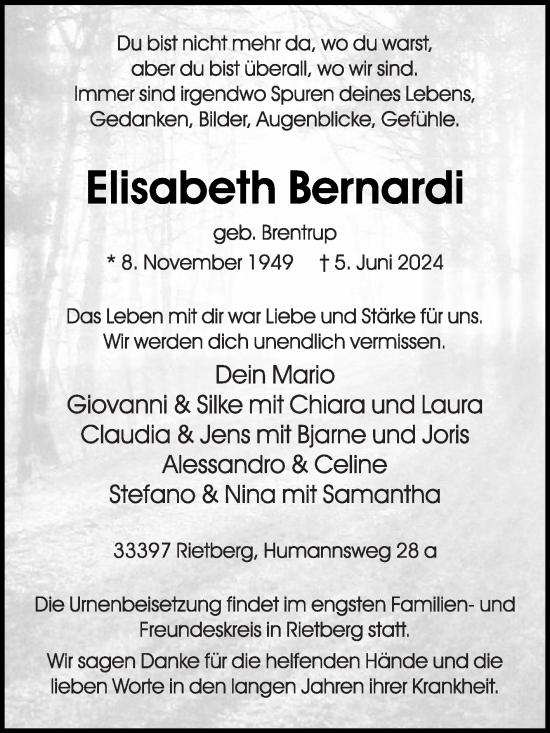 Traueranzeige von Elisabeth Bernardi von Die Glocke