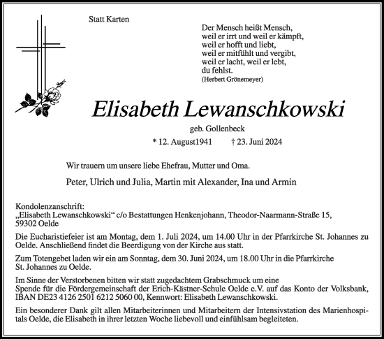 Traueranzeige von Elisabeth Lewanschkowski von Die Glocke