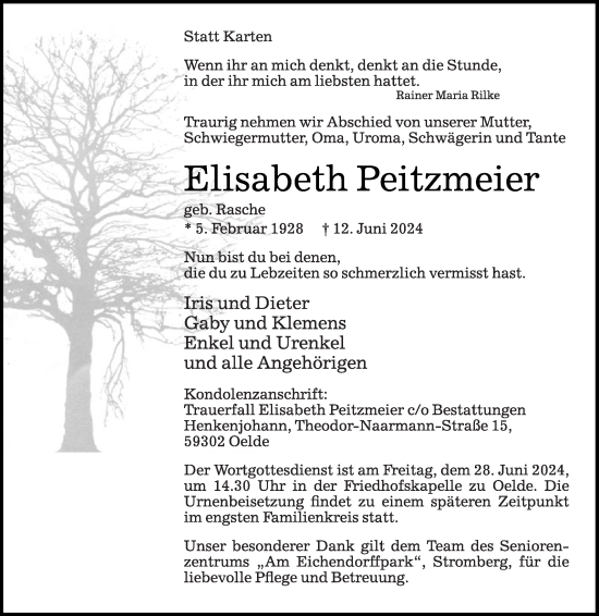 Traueranzeige von Elisabeth Peitzmeier von Die Glocke