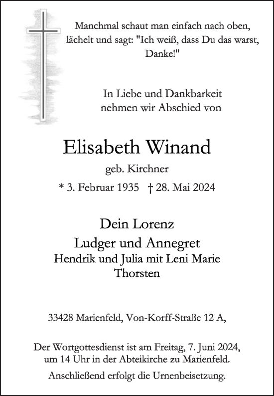 Traueranzeige von Elisabeth Winand von Die Glocke