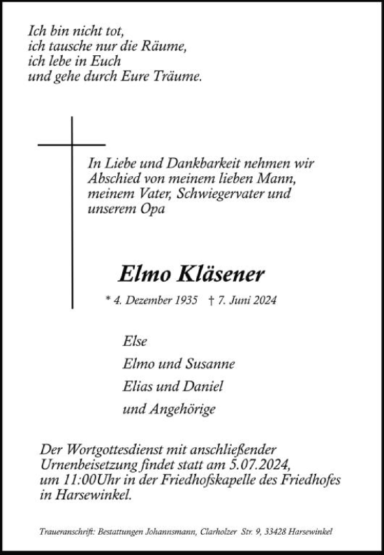 Traueranzeige von Elmo Kläsener von Die Glocke