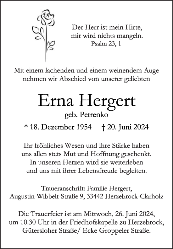 Traueranzeige von Erna Hergert von Die Glocke