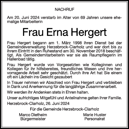 Traueranzeige von Erna Hergert von Die Glocke