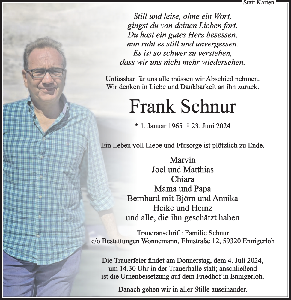  Traueranzeige für Frank Schnur vom 29.06.2024 aus Die Glocke