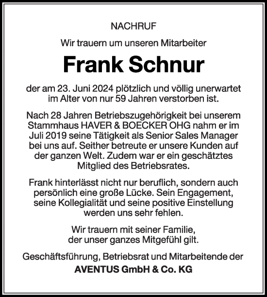 Traueranzeige von Frank Schnur von Die Glocke