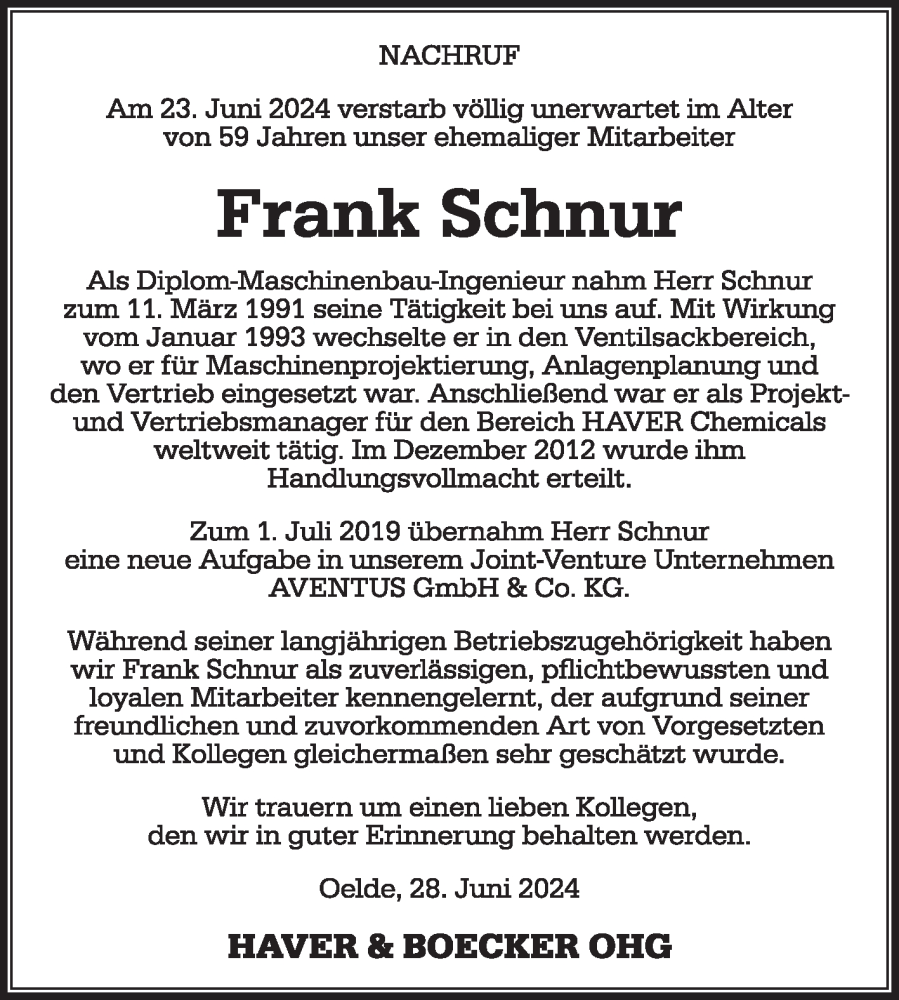  Traueranzeige für Frank Schnur vom 29.06.2024 aus Die Glocke