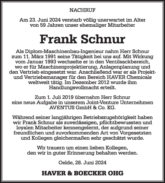 Traueranzeige von Frank Schnur von Die Glocke