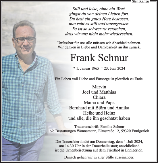 Traueranzeige von Frank Schnur von Die Glocke