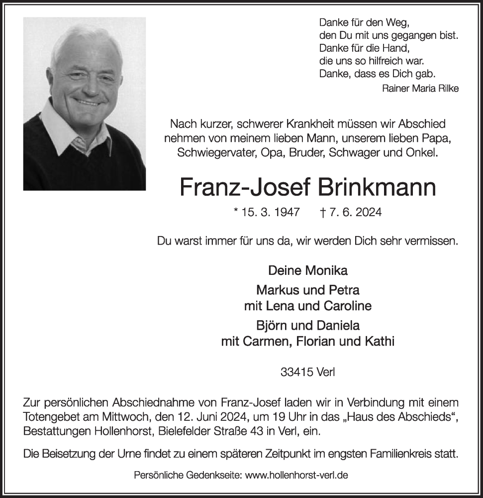  Traueranzeige für Franz-Josef Brinkmann vom 10.06.2024 aus Die Glocke