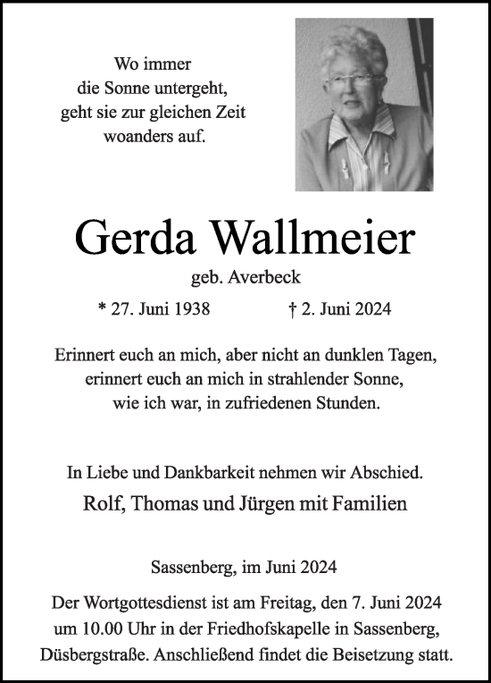 Traueranzeige von Gerda Wallmeier von Die Glocke