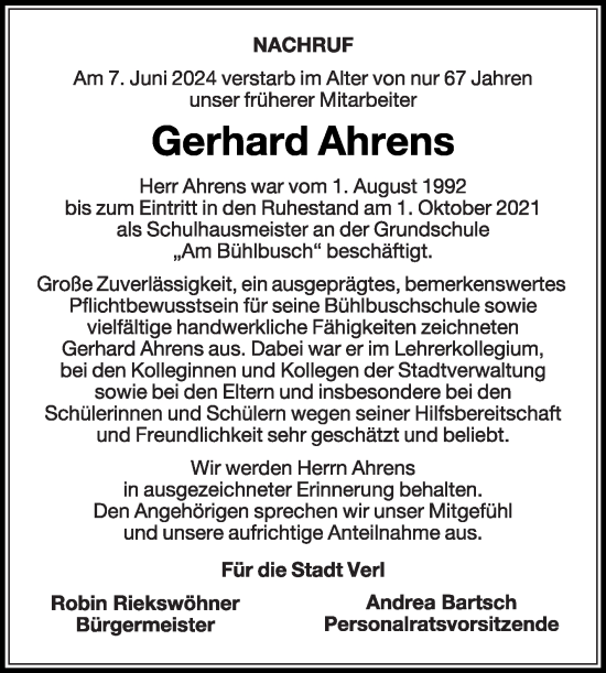 Traueranzeige von Gerhard Ahrens von Die Glocke