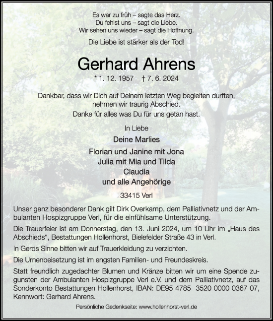 Traueranzeige von Gerhard Ahrens von Die Glocke