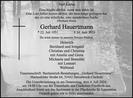 Traueranzeige von Gerhard Hauertmann von Die Glocke