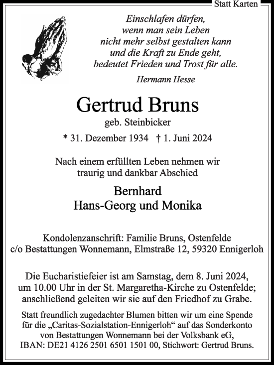Traueranzeige von Gertrud Bruns von Die Glocke