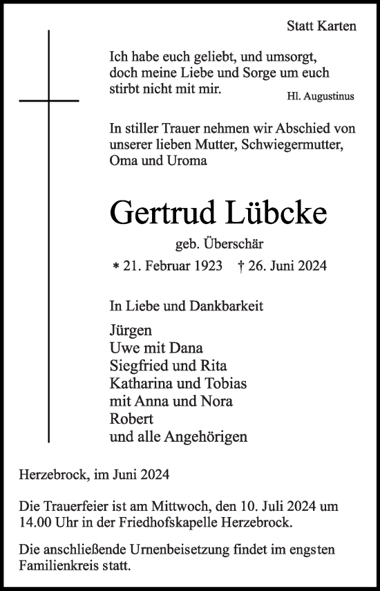 Traueranzeige von Gertrud Lübcke von Die Glocke