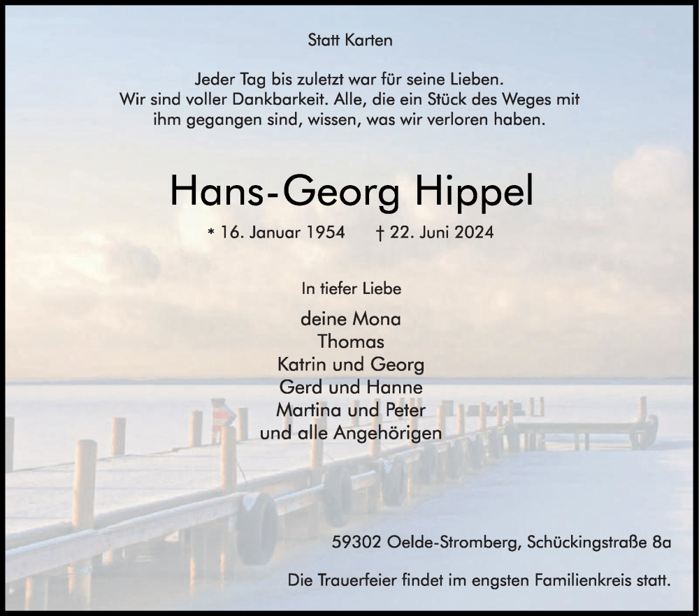  Traueranzeige für Hans-Georg Hippel vom 29.06.2024 aus Die Glocke