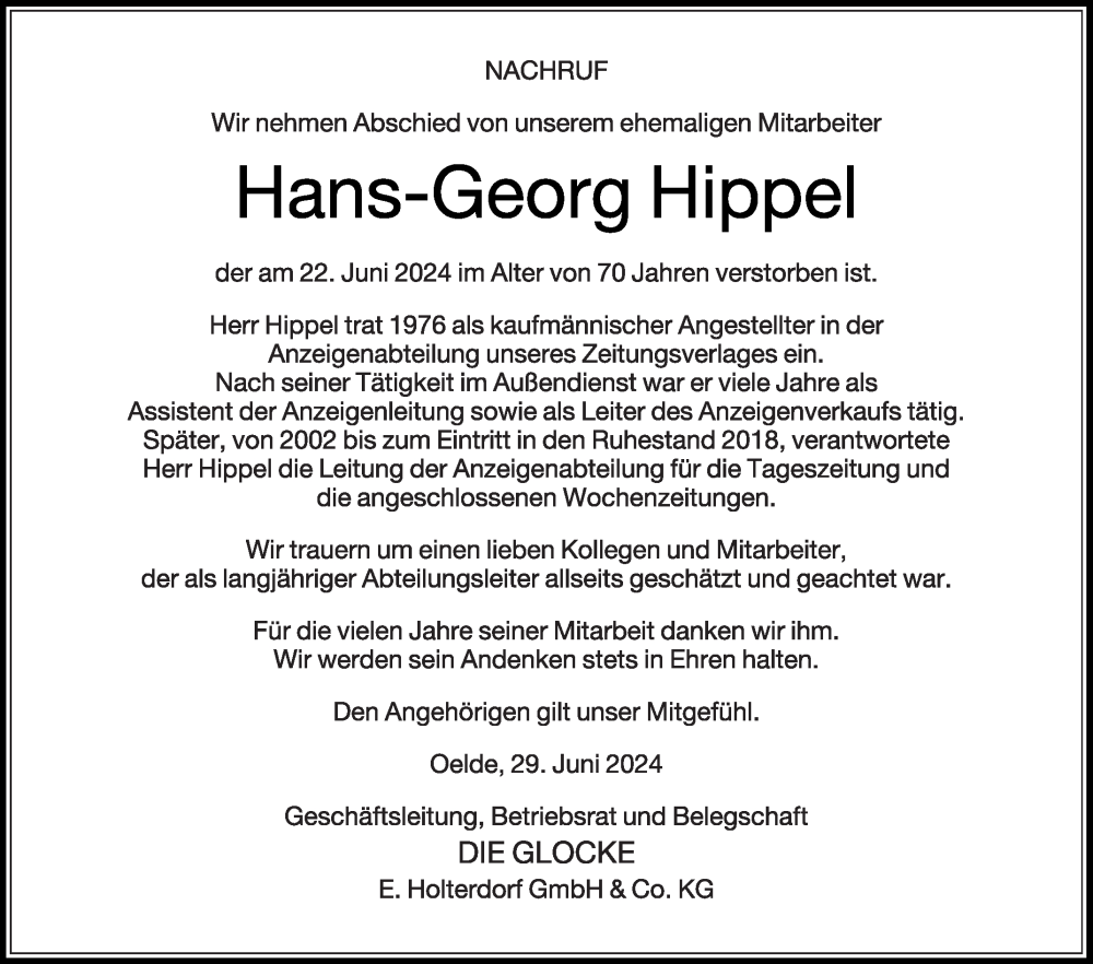  Traueranzeige für Hans-Georg Hippel vom 29.06.2024 aus Die Glocke