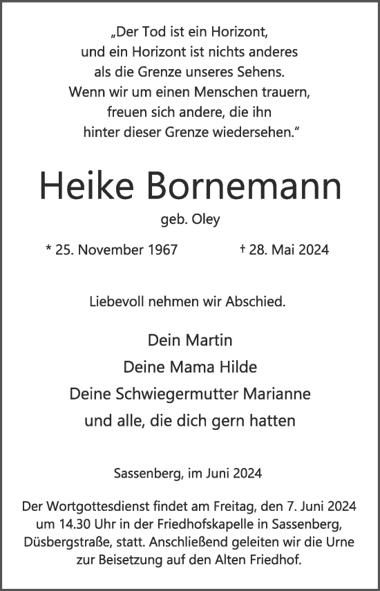 Traueranzeige von Heike Bornemann von Die Glocke