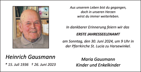 Traueranzeige von Heinrich Gausmann von Die Glocke