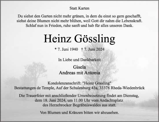 Traueranzeige von Heinz Gössling von Die Glocke