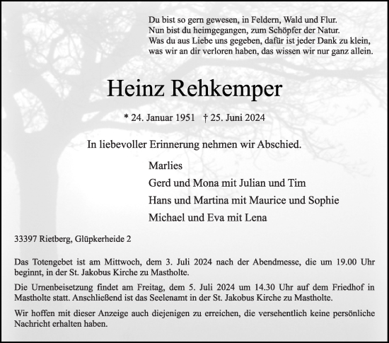 Traueranzeige von Heinz Rehkemper von Die Glocke