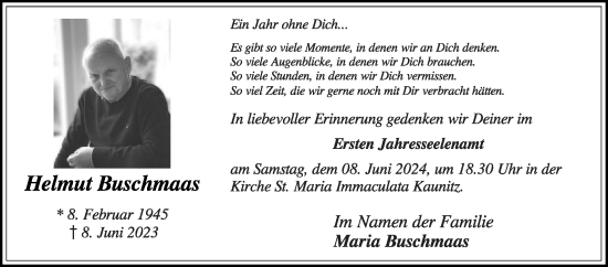 Traueranzeige von Helmut Buschmaas von Die Glocke