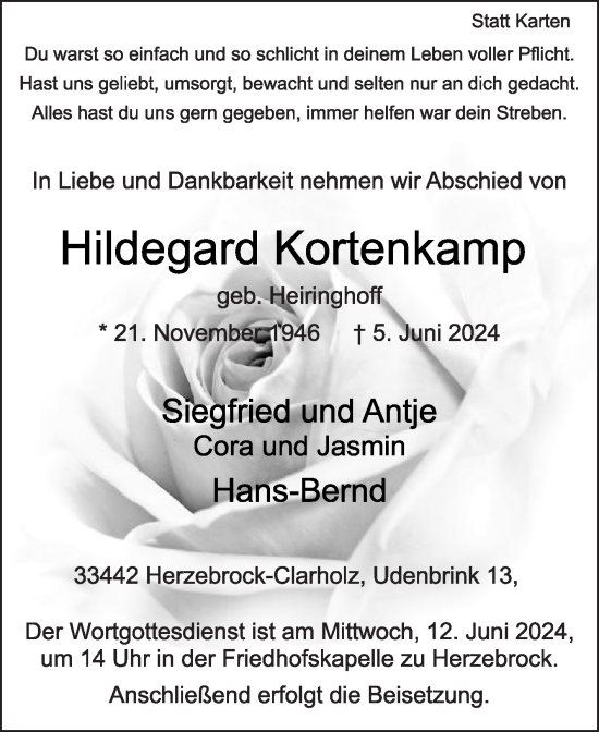 Traueranzeige von Hildegard Kortenkamp von Die Glocke