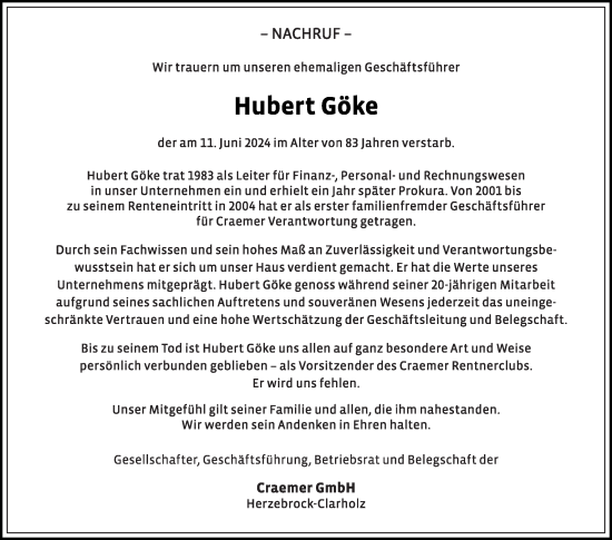 Traueranzeige von Hubert Göke von Die Glocke