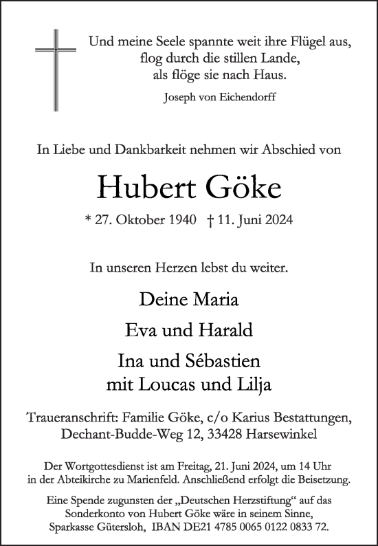 Traueranzeige von Hubert Göke von Die Glocke