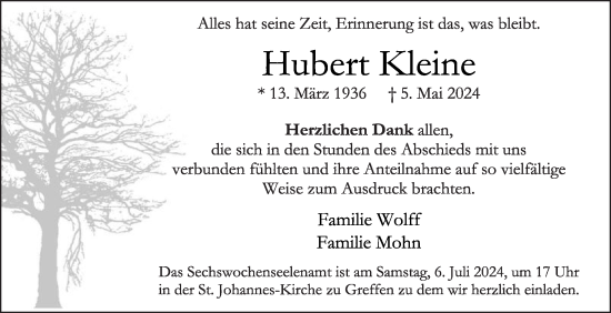 Traueranzeige von Hubert Kleine von Die Glocke