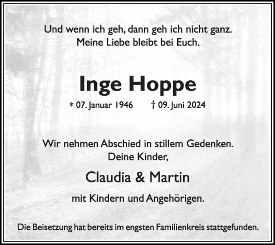 Traueranzeige von Inge Hoppe von Die Glocke