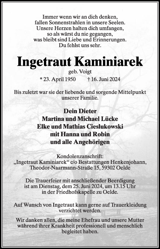 Traueranzeige von Ingetraut Kaminiarek von Die Glocke